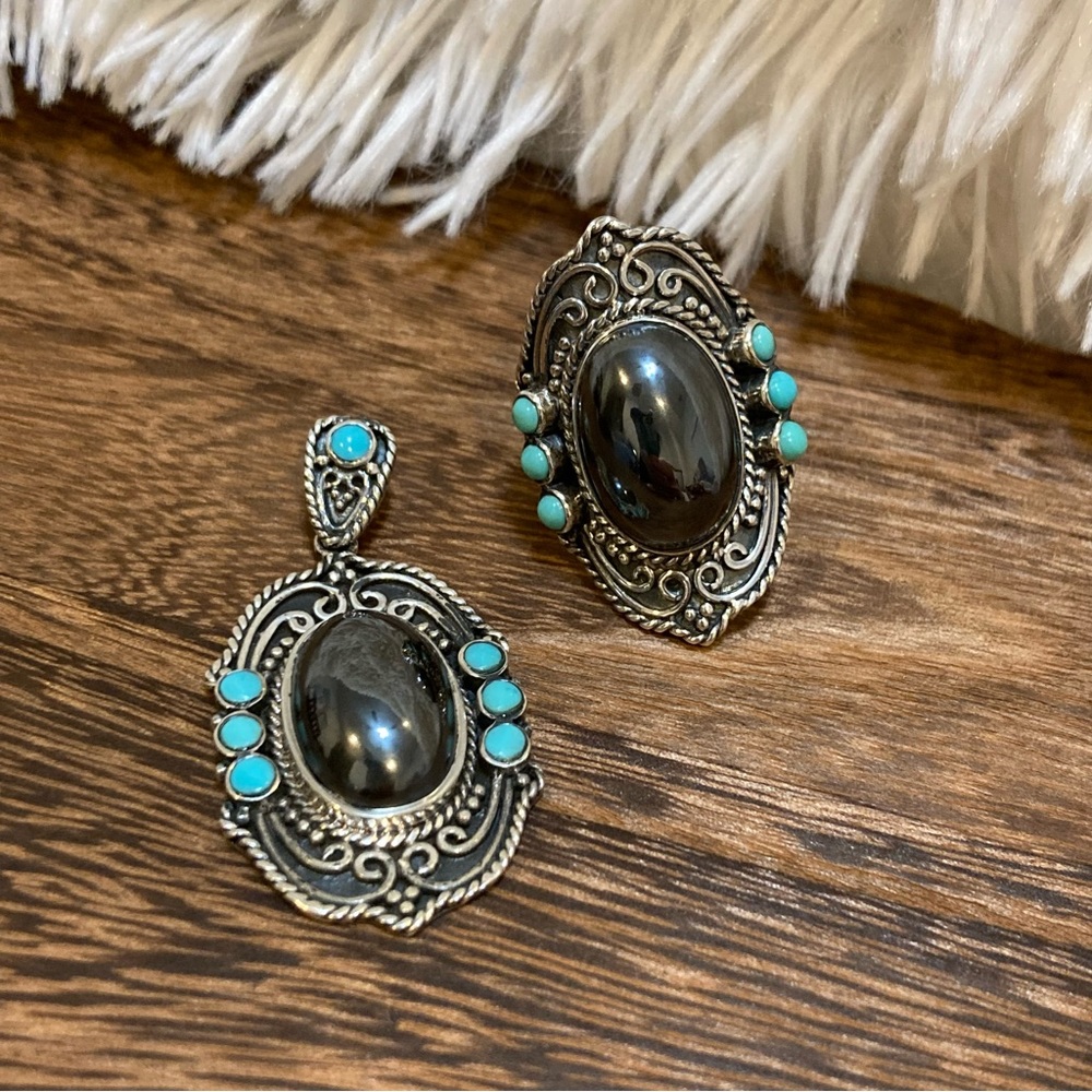 Set Turquoise and Hematine Statement Ring and Pendant Sterling Silver - Picture 4 of 15